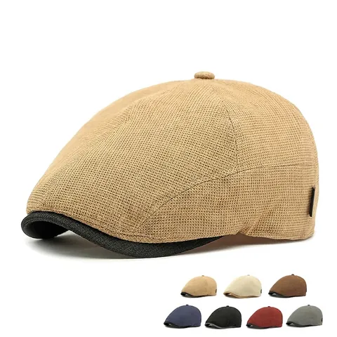 Vintage Newsboy Cap Men Women Waffle Knit Breathable Flat Hat Adjustable Ivy Beret Cap Contrast Color Brim British Style