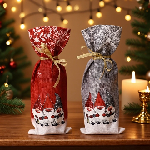 Christmas Wine Bottle Cover Faux Linen Gnome Snowflake Print Gift Bag With Gold Ribbon For Party Table Decoration