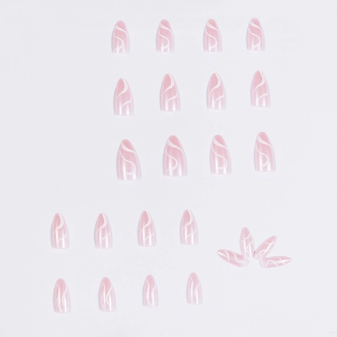 Rosa Künstliche Fingernägel Zum Aufkleben Minimalistischer Französischer Stil Mandelform Weißes Wellenmuster Kunstnägel Für Frauen