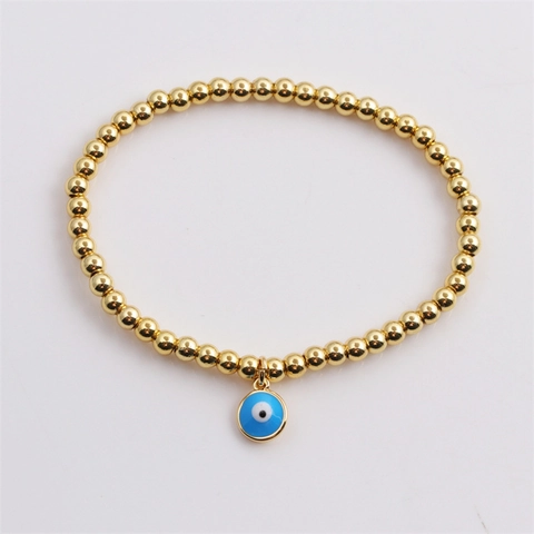 Bracelet Perles Mauvais Oeil Pour Femmes Perles En Cuivre Plaquees Or Elastique Pendentif Email Colore Bijoux Boho