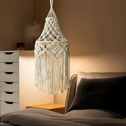 Macramé Lampenschirm Handgewebtes Baumwollseil Boho Stil Pendelleuchte Abdeckung Mit Langen Fransen Dekor