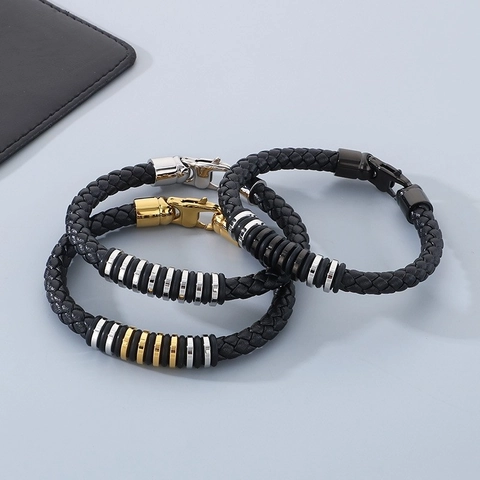Bracciale In Pelle Intrecciata Da Uomo Con Anelli In Acciaio Inossidabile Gioielli Stile Punk Bracciale Semplice Per Uomo