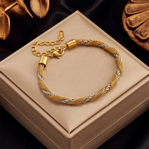 Twisted Rope Bracelet Bicolor Stainless Steel 18K Gold Plated Adjustable Minimalist Fashion Commuter Jewelry For Women Men