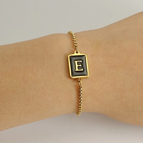 Stainless Steel Initial Bracelet 18K Gold Plated Square Black Enamel Pendant Adjustable Box Chain Minimalist Jewelry