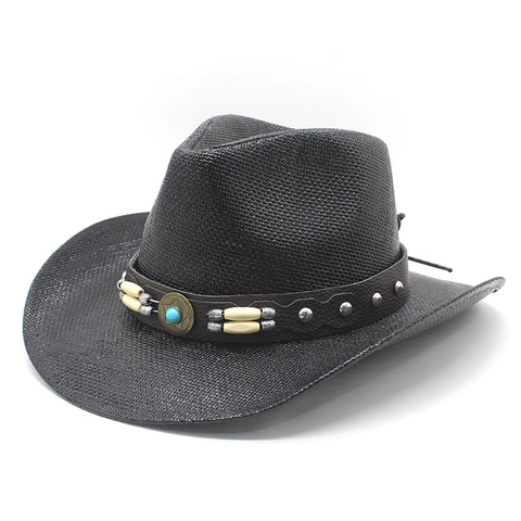 Western Cowboy Hat Paper Straw Wide Brim Sun Protection Ethnic Style With Turquoise Star Badge For Men Women