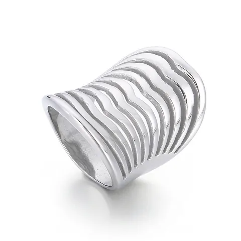 Stainless Steel Wide Band Ring Hollow Wavy Line Design Exaggerated Modern Fashion Jewelry For Women