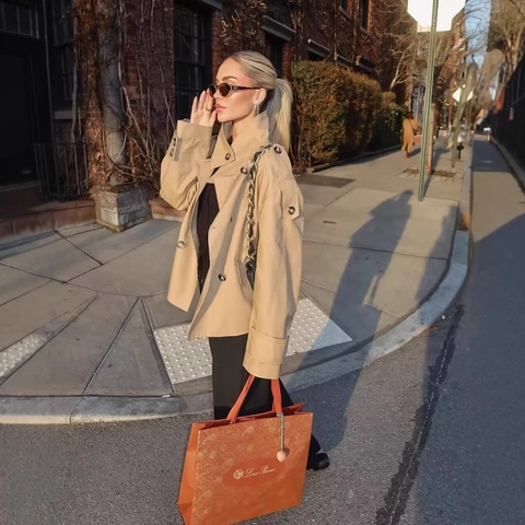 Women Short Trench Coat Jacket Polyester Double Breasted Waist Tie Lapel Long Sleeve Solid Color Elegant Casual