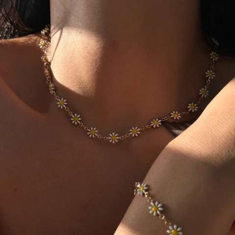 Daisy Flower Necklace Bracelet Anklet Belly Chain Enamel 18K Gold Plated Stainless Steel Bohemian Sweet Floral Jewelry