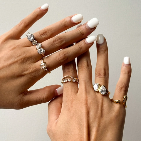 18K Gold Plated Stainless Steel Ring With White Zirconia Waterproof Hypoallergenic Minimalist Toi Et Moi Jewelry For Women