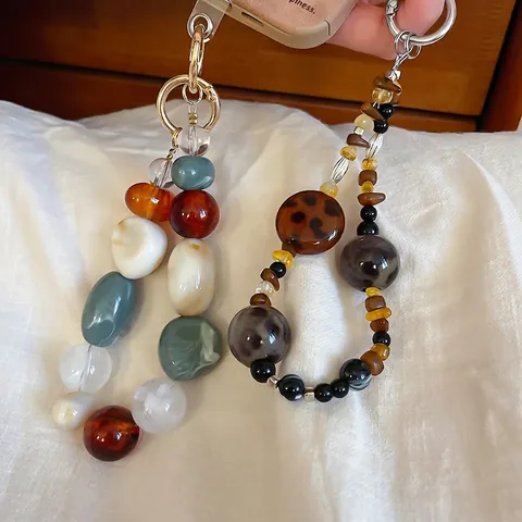 Irregular Acrylic Beaded Keychain Retro Phone Charm Strap Alloy Clasp Niche Design Bag Hanging Accessories