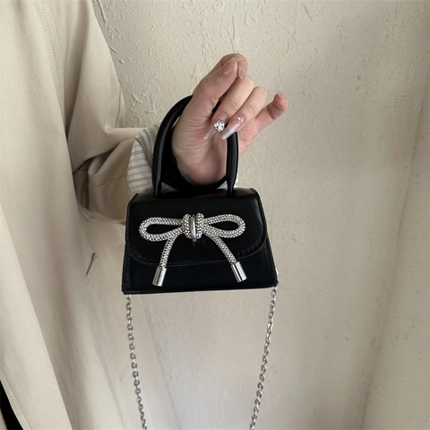 Mini Bolso De Mano Para Mujer Cuero PU Lazo De Strass Correa De Cadena Asa Superior Moda Bolso Cuadrado