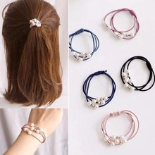 Dames Elegante Elastische Haarelastiekjes Met Witte Imitatieparels Metalen Legering Kralen Meerstrengs Haartouw Accessoires