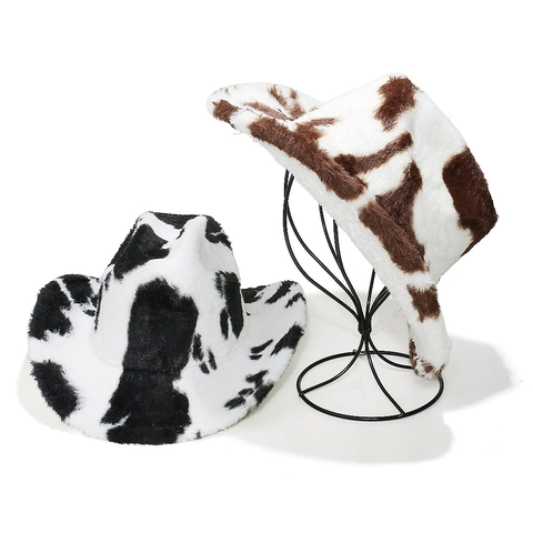 Women Plush Cow Print Western Cowboy Hat Autumn Winter Warm Faux Fur Jazz Fedora Hat Party Costume Wide Brim Cap