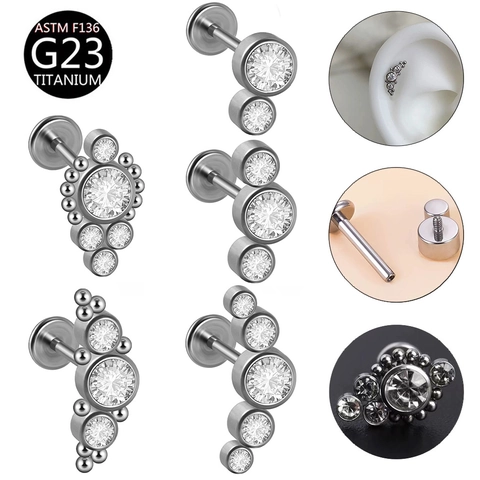 G23 Titanium Labret Studs Lip Rings Cubic Zirconia Internally Threaded Flat Back Piercing Jewelry For Women Men Simple