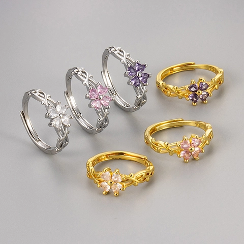 Vintage Copper Clover Vine Adjustable Ring For Women Micro Inlaid Zirconia Fashion Open Finger Ring Jewelry Gift