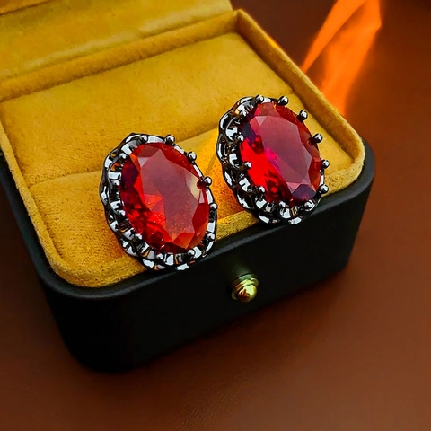 Vintage Oval Red Zircon Stud Earrings With Silver Earring Post Copper Luxury Palace Style For Women Jewelry