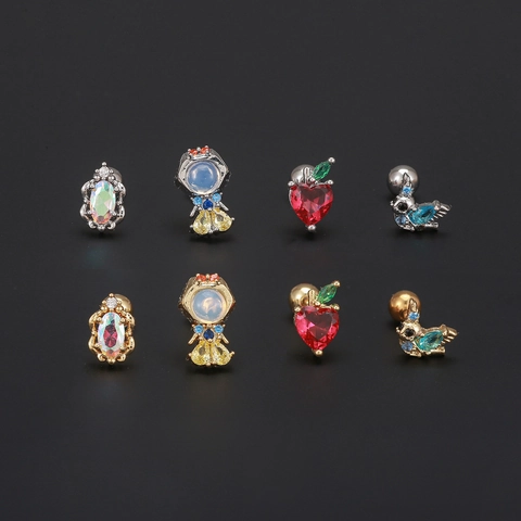Cartilage Stud Earrings Brass Colorful Zircon Synthetic Opal Cartoon Princess Bird Apple Stainless Steel Post For Women
