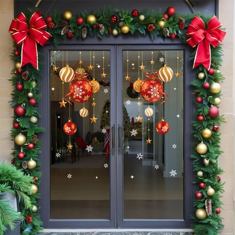 Christmas Window Stickers PVC Static Cling Red Gold Balls Snowflakes Stars Double Sided Glue Free Festive Decor