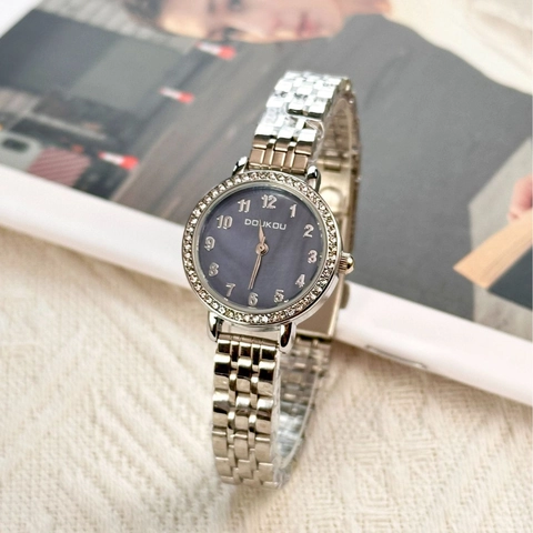 Women Quartz Watch Elegant Rhinestone Bezel Round Alloy Case Metal Chain Band Analog Casual Fashion Wristwatch