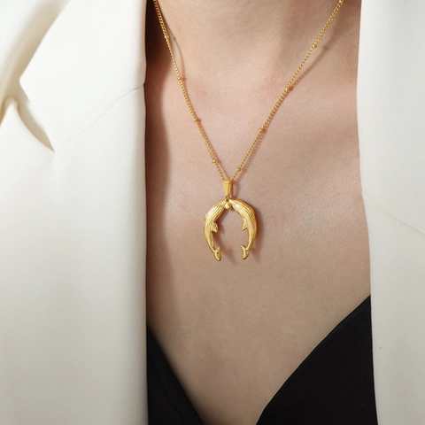 Collana E Orecchini Con Ciondolo Doppio Pesce Acciaio Al Titanio Placcato Oro Minimalista Koi Ruyi Gioielli Per Donne