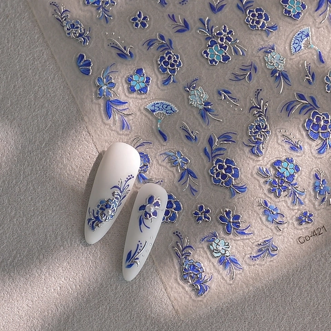 Autocollants Nail Art Relief 5D Design Fleur Éventail Porcelaine Bleue Blanche Chinoise Auto-Adhésif Décor Manucure Femmes