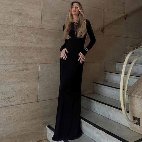 Sexy Backless Lange Mouwen Maxi Jurk Effen Kleur Slim Fit Bodycon Hoge Taille Vloerlengte Avond Clubwear Voor Dames