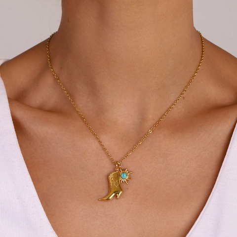 Cowboy Boot Hat Pendant Jewelry Set Gold Plated Stainless Steel Turquoise Necklace Earrings Western Style Accessory Women