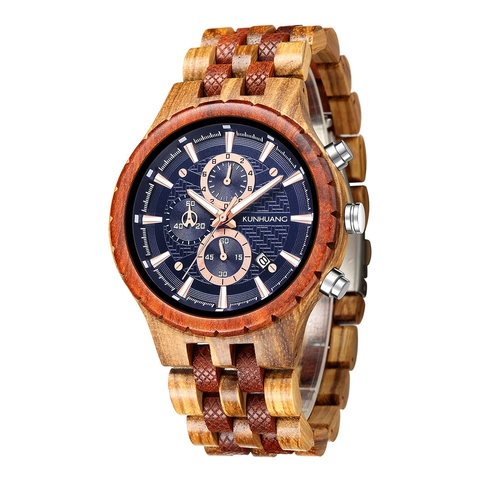 Herren Holzuhr Naturholz Quarz Chronograph Multifunktion Datum Leuchtend Sport Mode Handgefertigte Business Armbanduhr