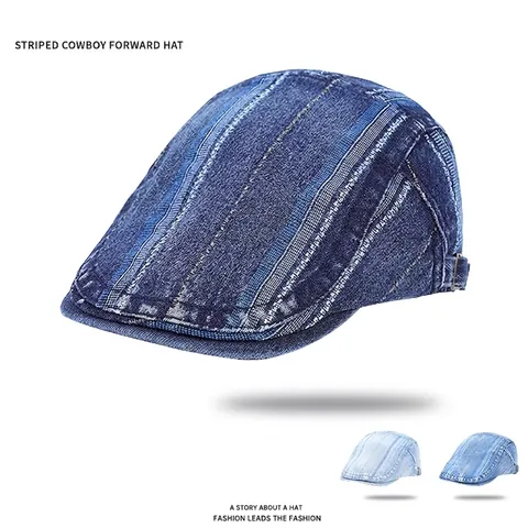 Berretto Piatto In Denim A Righe Cotone Lavato Retrò Casual Ivy Cap Per Donne Con Fibbia Regolabile