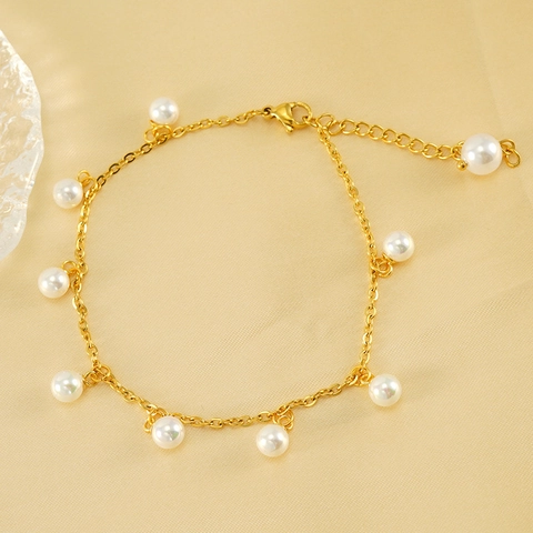 Künstliche Perlen Quasten Fußkettchen Für Damen Edelstahl Mit 18K Vergoldet Elegant INS Stil Fußkette Schmuck Accessoires