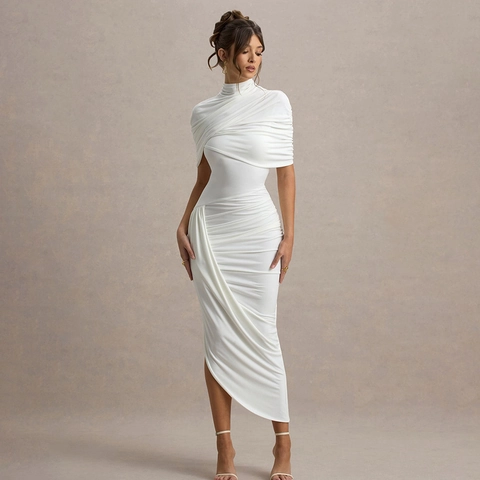 Abito Maxi Bodycon Arricciato A Collo Alto E Scialle Senza Maniche Schiena Scoperta Orlo Asimmetrico Elegante Party