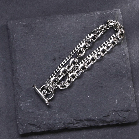 Bracciale A Catena A Doppio Strato Acciaio Inossidabile Chiusura A Gancio OT Gioielli Hip Hop Punk Unisex Argento