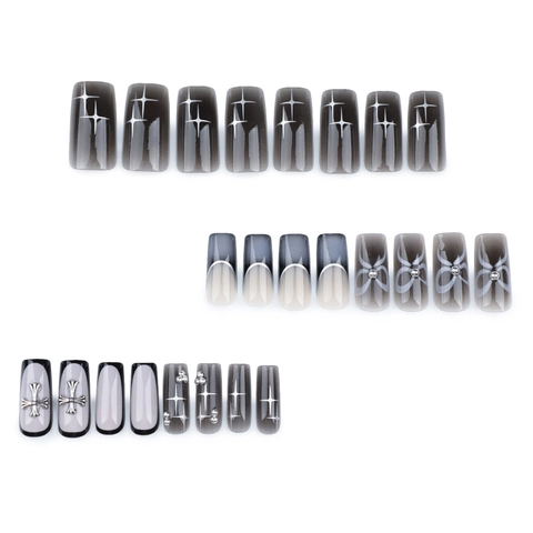 Uñas Postizas Coffin Degradado Ombré Negro Gris Gótico Y2K Con Decoraciones 3D Cruz Metal Arco Perla Artificial Estrella Para Mujer