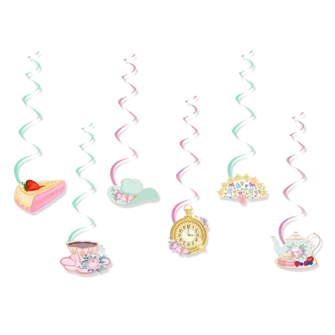 Vintage Floral Tea Party Hanging Swirl Decorations Paper Teapot Teacup Cake Hat Pocket Watch Shape Spiral Streamers For Birthday Wedding Gathering Decor