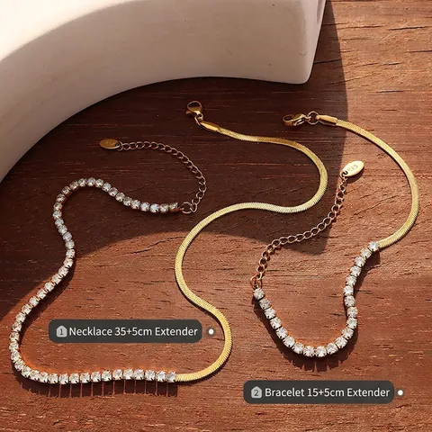 Gold Plated Titanium Steel Zircon Necklace And Bracelet Jewelry Set Patchwork Blade Herringbone Design Elegant Fashion