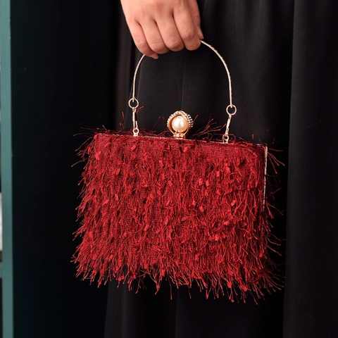 Elegant Evening Clutch Bag Polyester Tassel Fringe Gold Metal Ring Handle Artificial Pearl Clasp Formal Party Handbag