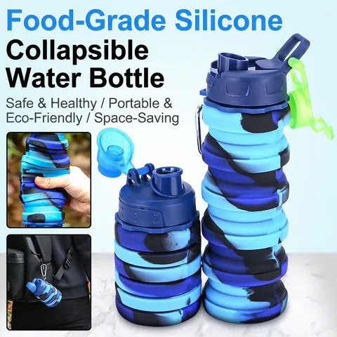 Botella De Agua Plegable Silicona De Grado Alimenticio Sin BPA A Prueba De Fugas Botella Deportiva Telescópica Con Mosquetón