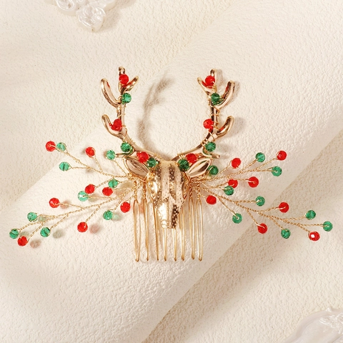Pettine per Capelli a Forma di Corna di Renna di Natale per Donna in Lega Dorata Strass Rossi Verdi Copricapo per Feste Balli Accessori per Capelli Fatti a Mano