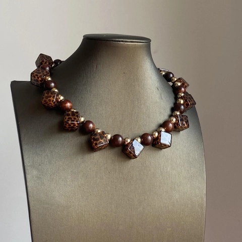 Collier Perles En Bois Acrylique Cube Imprimé Léopard Vintage Bohème Bijoux Mode Géométriques Pour Femmes