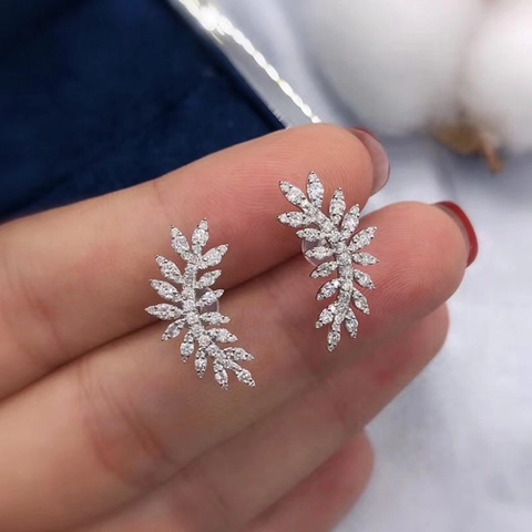 Elegant Leaf Feather Stud Earrings Copper Inlaid Zirconia With Silver Earring Post French Vintage Style Jewelry For Women