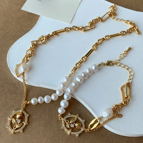 Joyas de Cobre Diseño de Palacio Europeo Chapado en Oro 18K con Colgante de Rosa y Perla de Agua Dulce Collar Pulsera Mujer