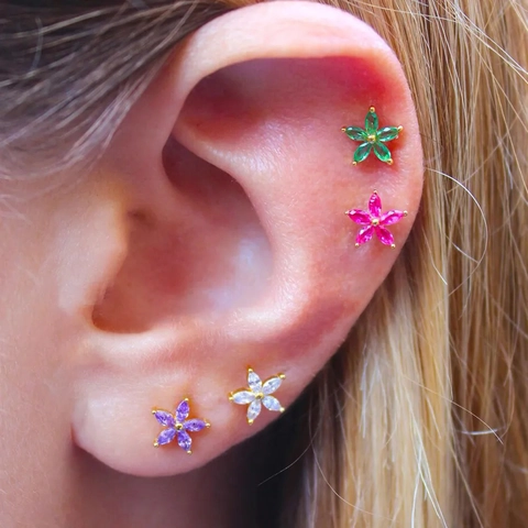Flower Stud Earrings With Marquise Zircon And 925 Sterling Silver Earring Post Ball Screw Back Piercing For Women