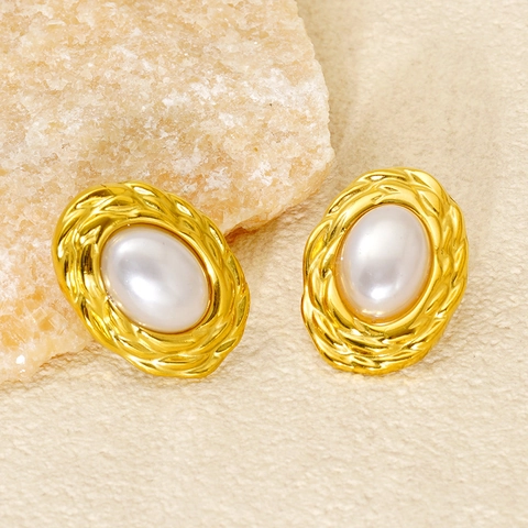 Vintage Oval Artificial Pearl Stud Earrings Stainless Steel 18K Gold Plated Braided Texture French Style Elegant Jewelry For Women