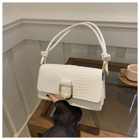 Crocodile Pattern PU Leather Shoulder Bag Gold U-Shaped Buckle Knotted Strap Small Square Flap Crossbody Bag For Women