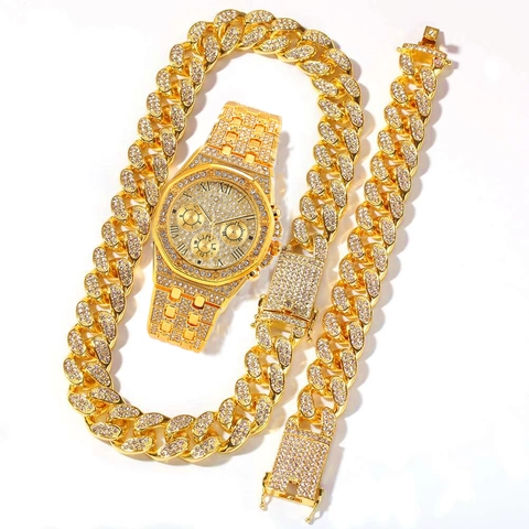 Iced Out Hip Hop Luxury Men Jewelry Watch And Necklace And Bracelet With Alloy Rhinestones Sparkling Fashion Accessories