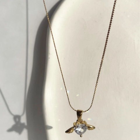 Ketting Met Hartvormige Hanger En Engelenvleugels 18K Verguld Titaniumstaal Zirkoon Sieraden