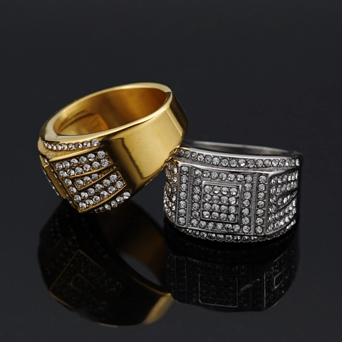 Anillo Hip Hop Iced Out para Hombre Acero Inoxidable 316 Clúster Cuadrado Geométrico Pavimentado Zirconia Oro Plata Joyería