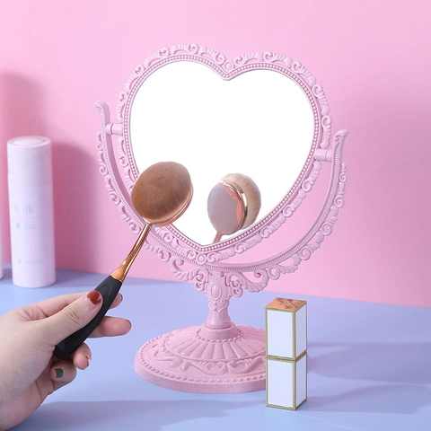 Miroir Maquillage Bureau Vintage Rétro Double Face Rotatif Plastique PP Sculpture Relief Cœur Ovale Coiffeuse