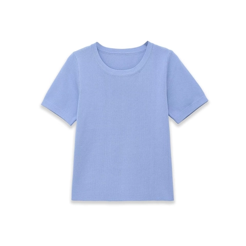 Short Sleeve Knitted Top Round Neck Solid Light Blue Polyester Soft Casual Slim Fit Pullover Sweater For Women