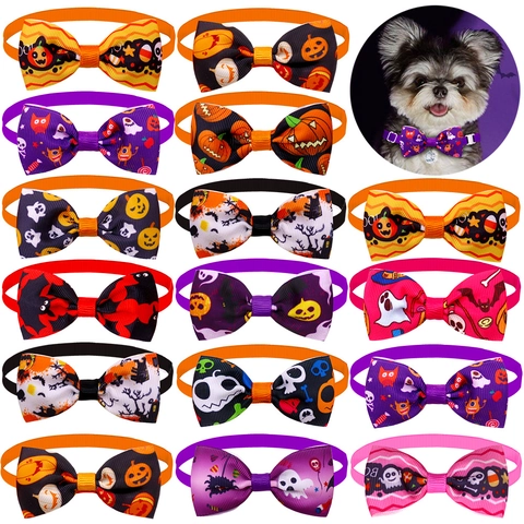 Halloween Pet Bow Tie Adjustable Polyester Ribbon Collar Pumpkin Skull Print For Puppy Kitten Cat Dog